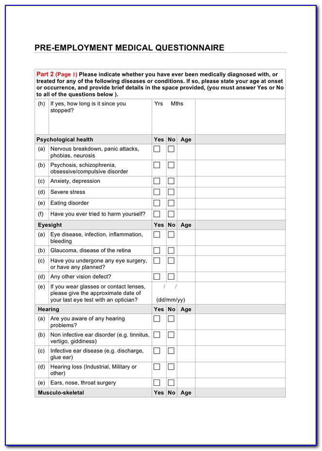 Employee Medical Questionnaire Template Word