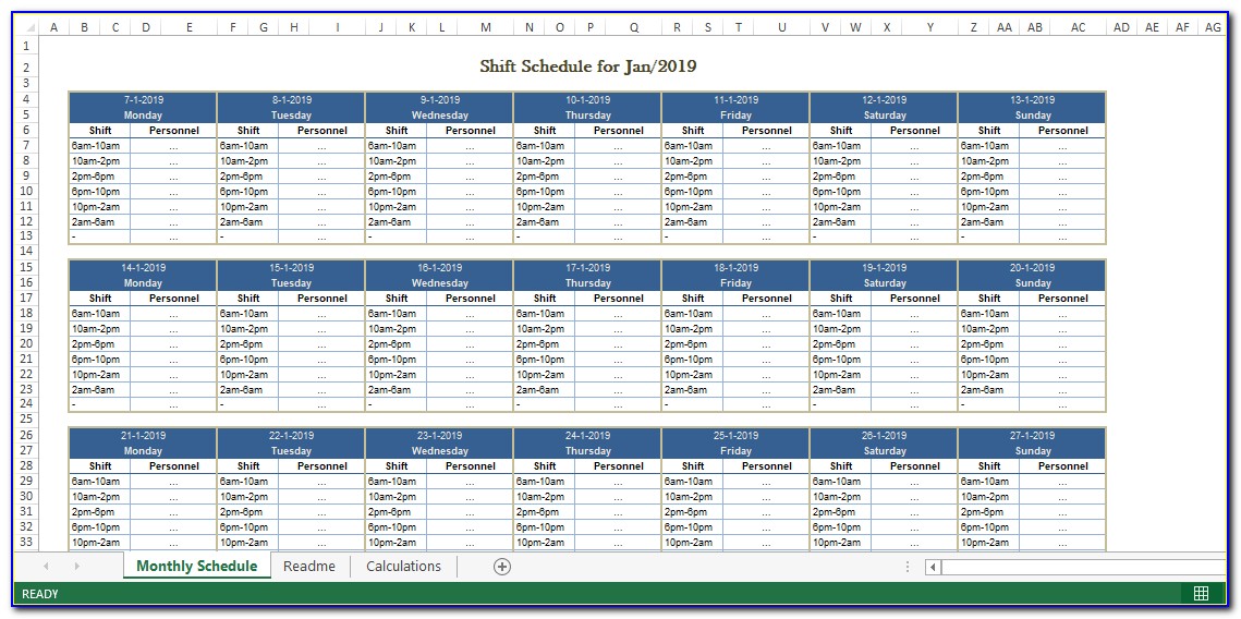 Employee Monthly Shift Schedule Template Excel