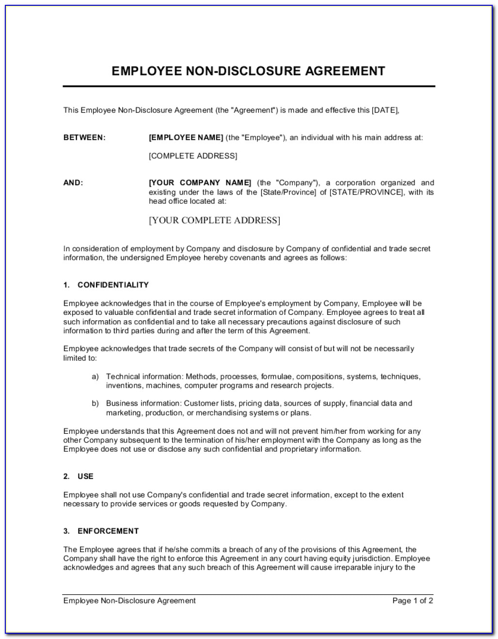 Employee Non Disclosure Agreement Template Word