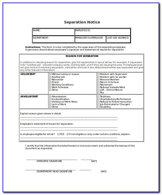 Employee Separation Form Template