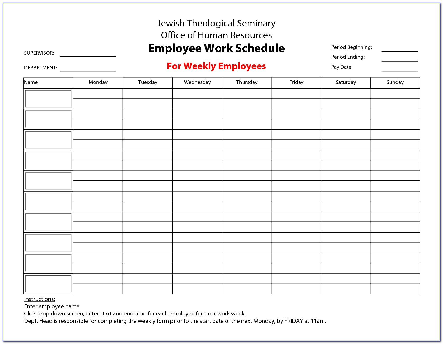 Employee Weekly Schedule Form