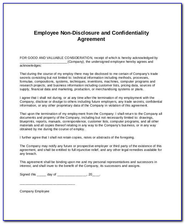 Employment Non Disclosure Agreement Template
