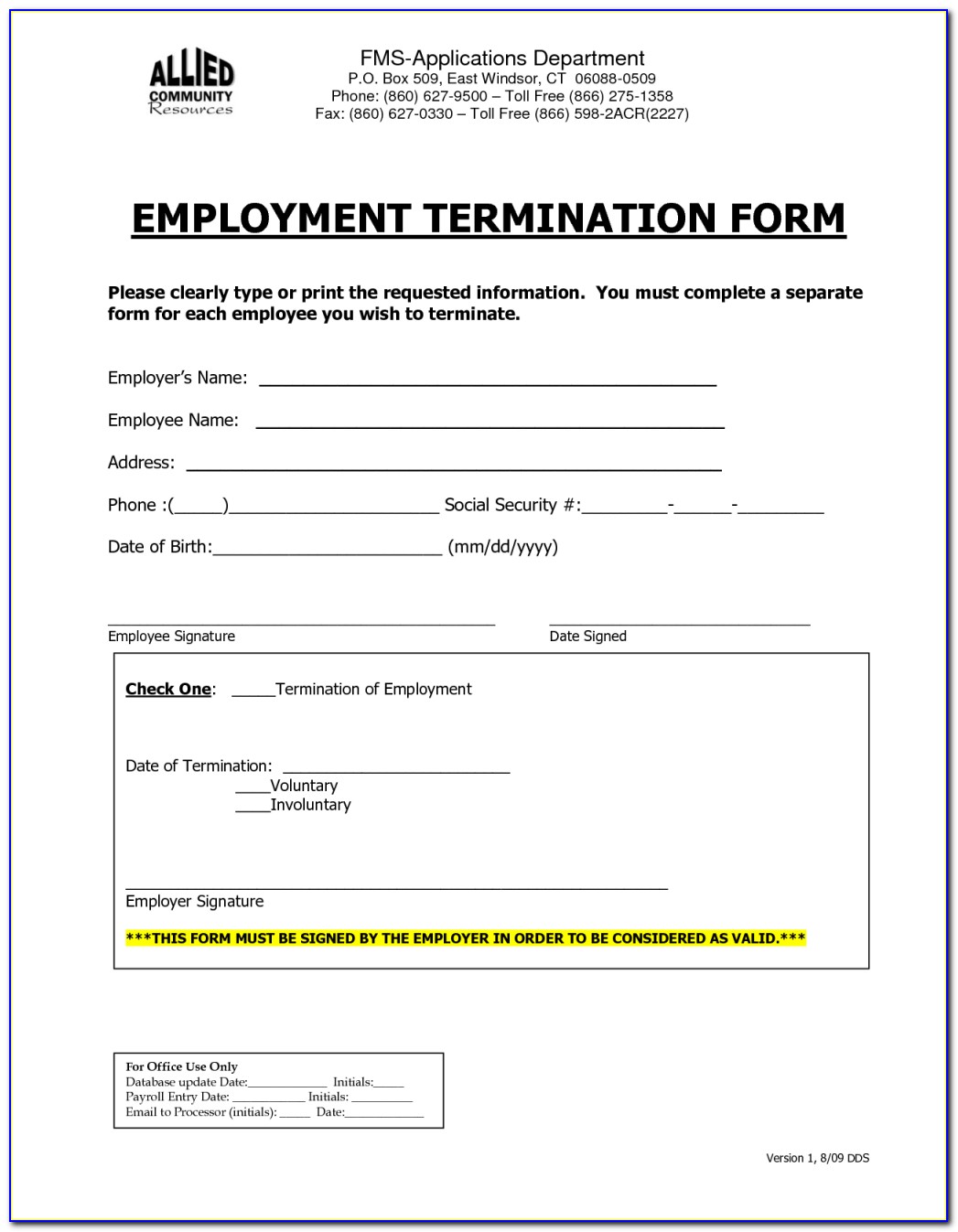 Employment Termination Form Sample