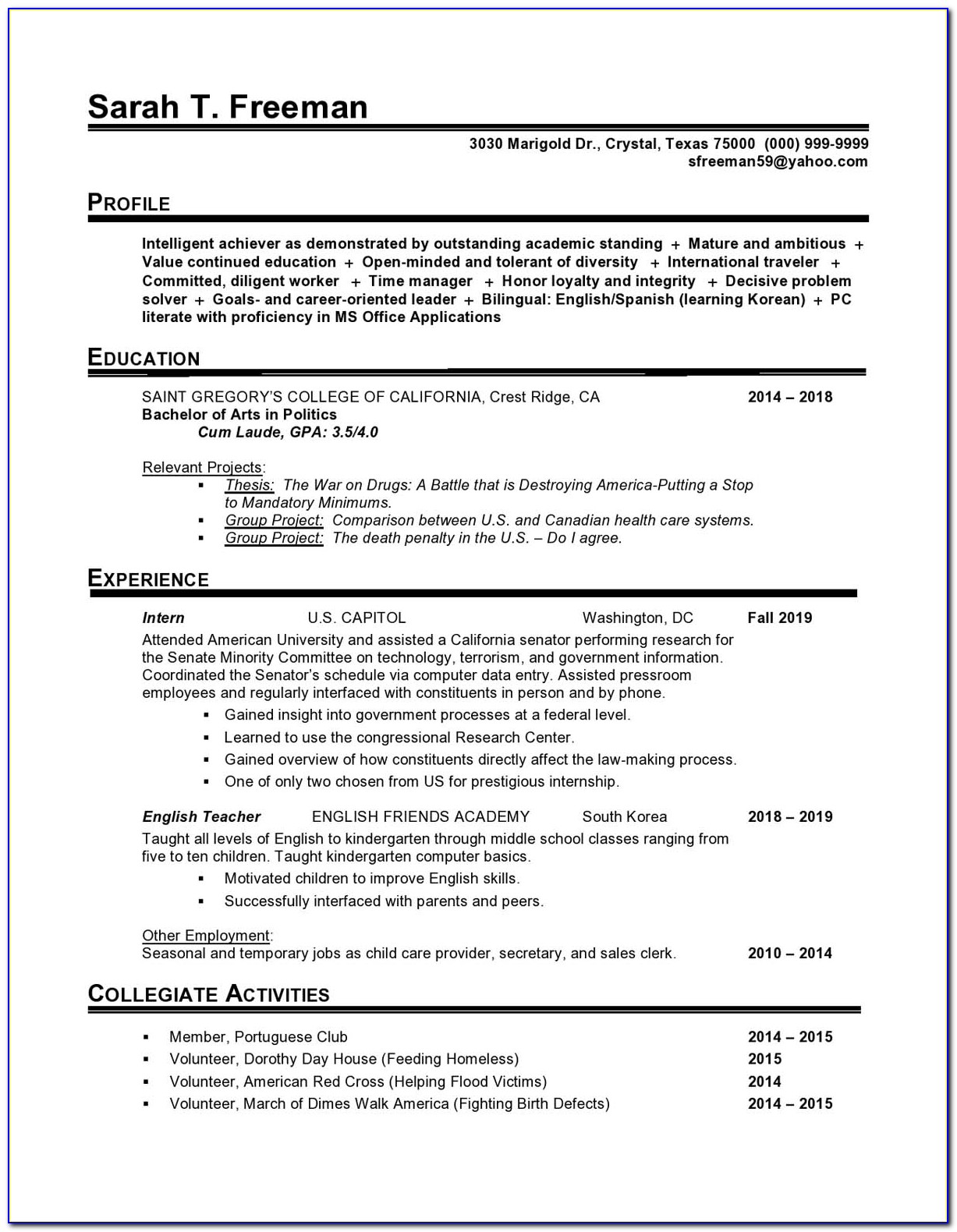 Entry Level Resume No Experience Sample