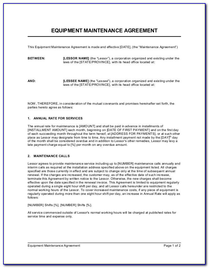 Equipment Maintenance Contract Agreement Sample