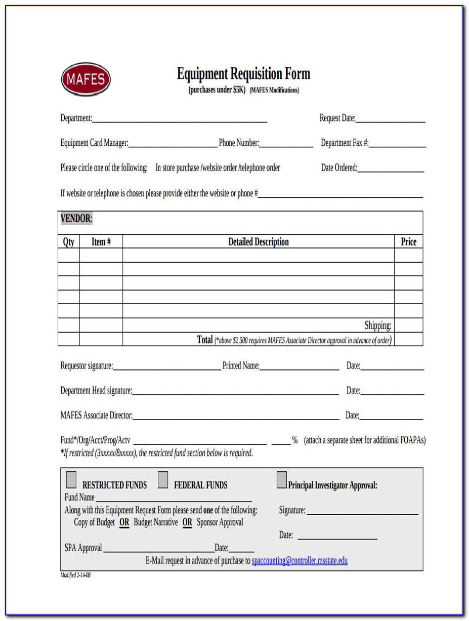 Equipment Requisition Form Sample