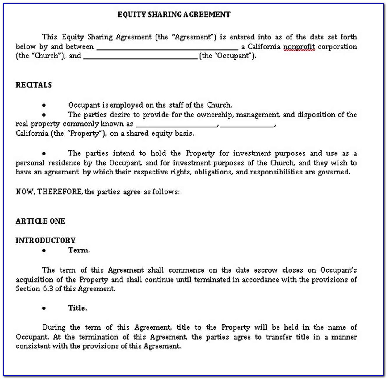 Equity Sharing Agreement Form