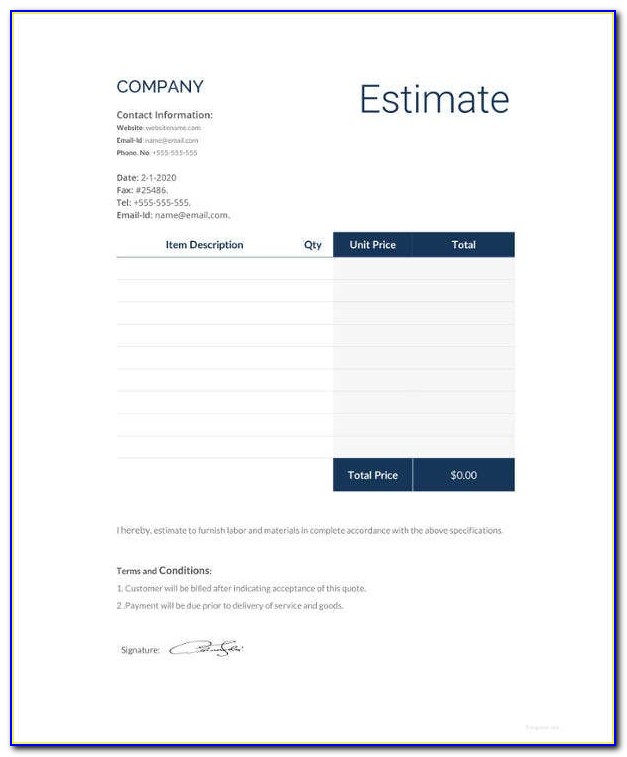 Estimate Template Excel Free Download