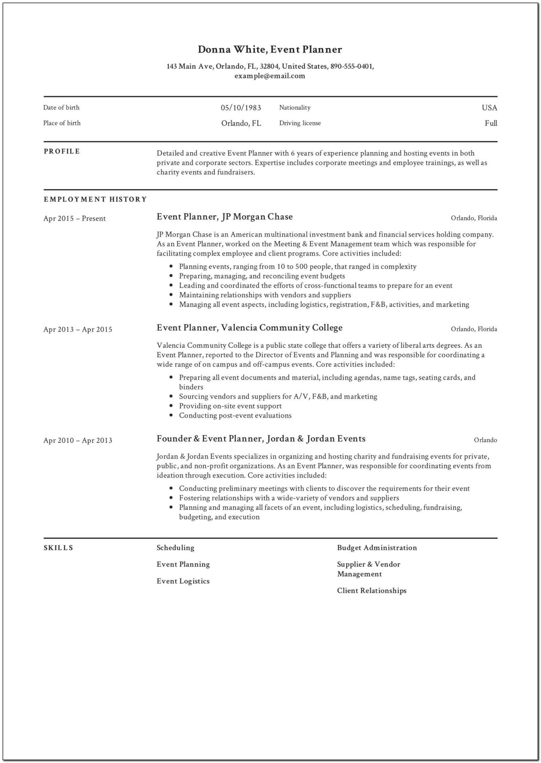 Event Planner Resume Template