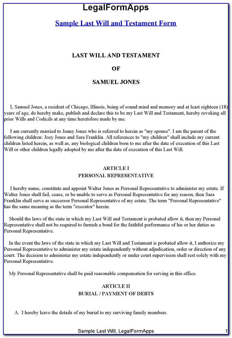 Example Of Last Will And Testament Form
