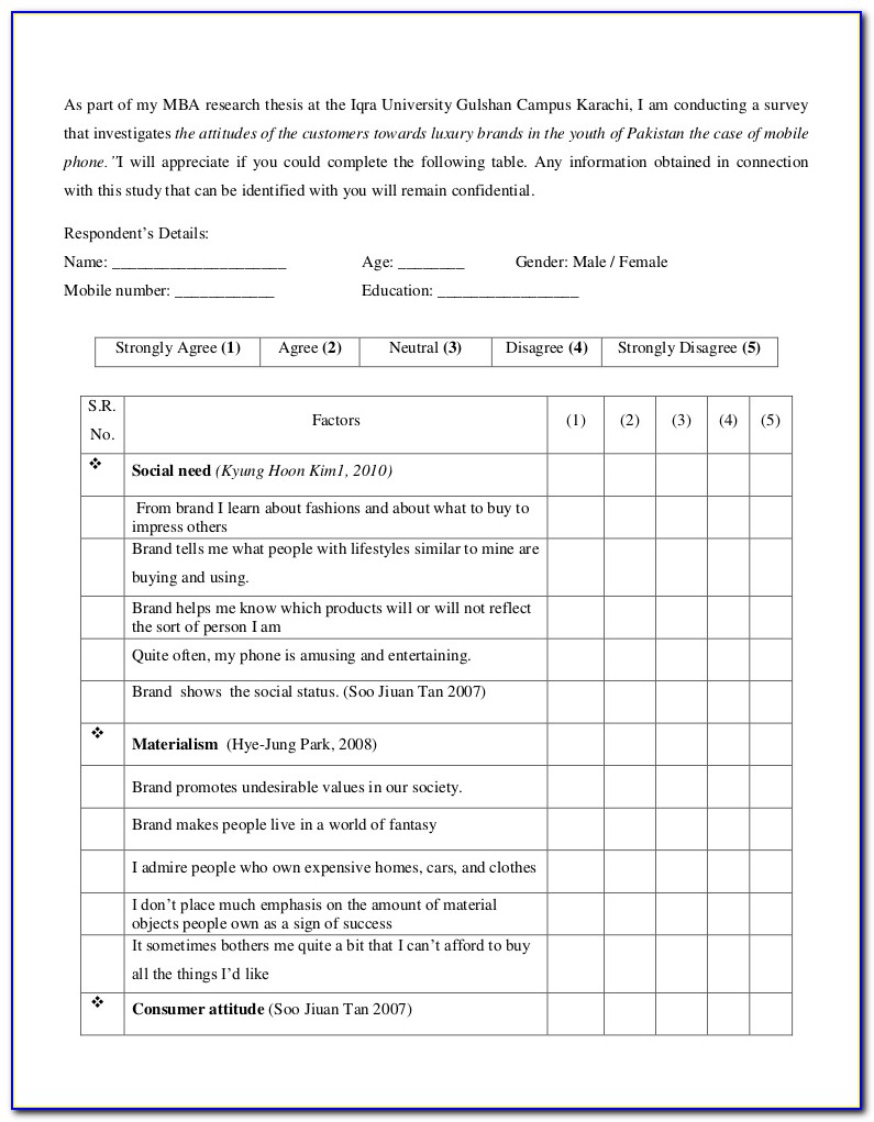 Example Survey Questionnaire For Thesis