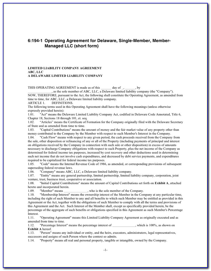 Form Delaware Llc Operating Agreement