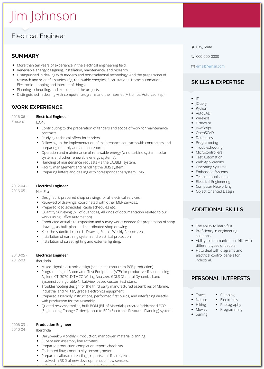 Fresher Electrical Engineer Resume Format In Word