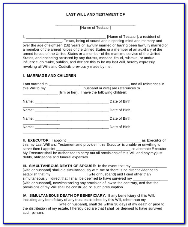 Last Will And Testament Form Template