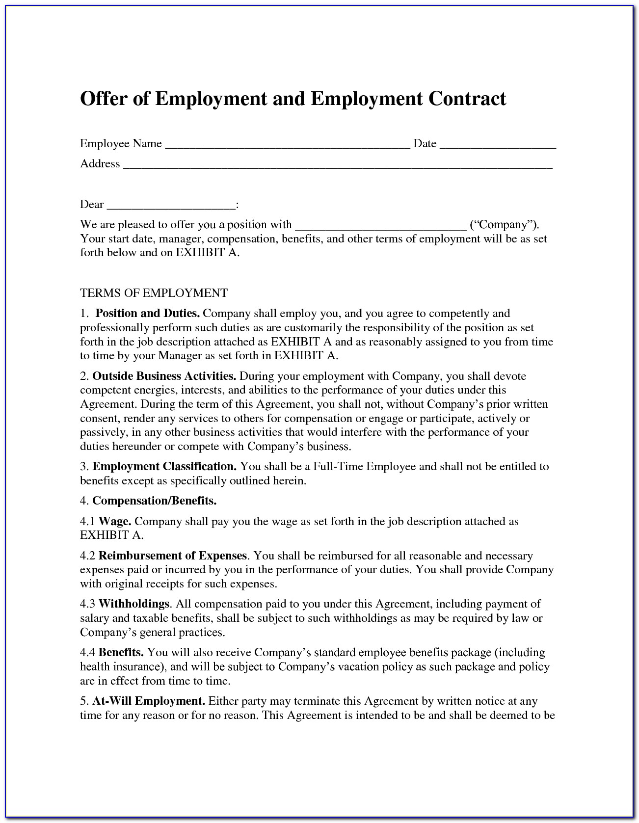New Employee Contract Template Free