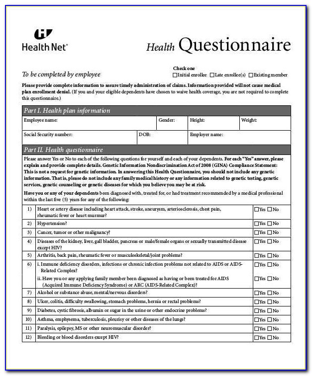 New Employee Health Questionnaire Template
