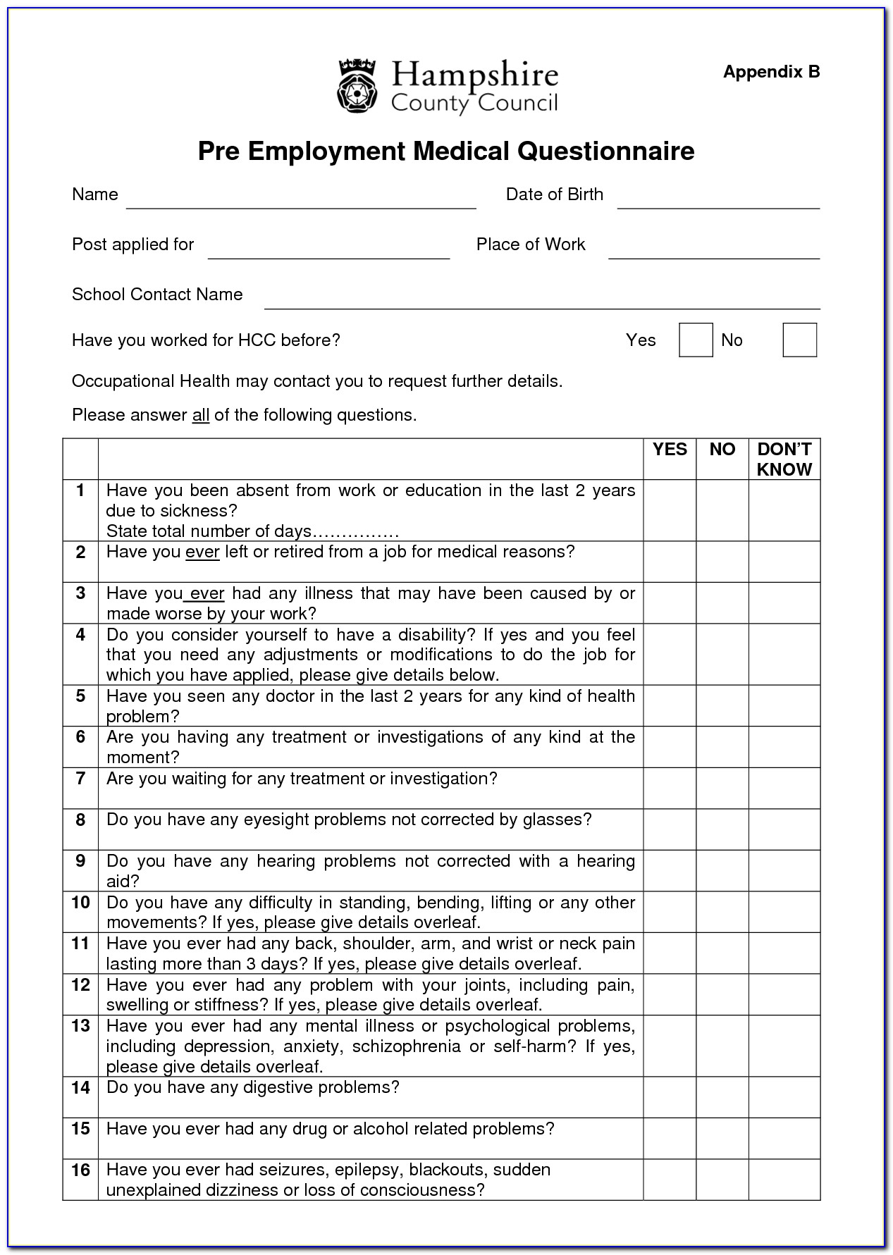 New Employee Medical Questionnaire Template