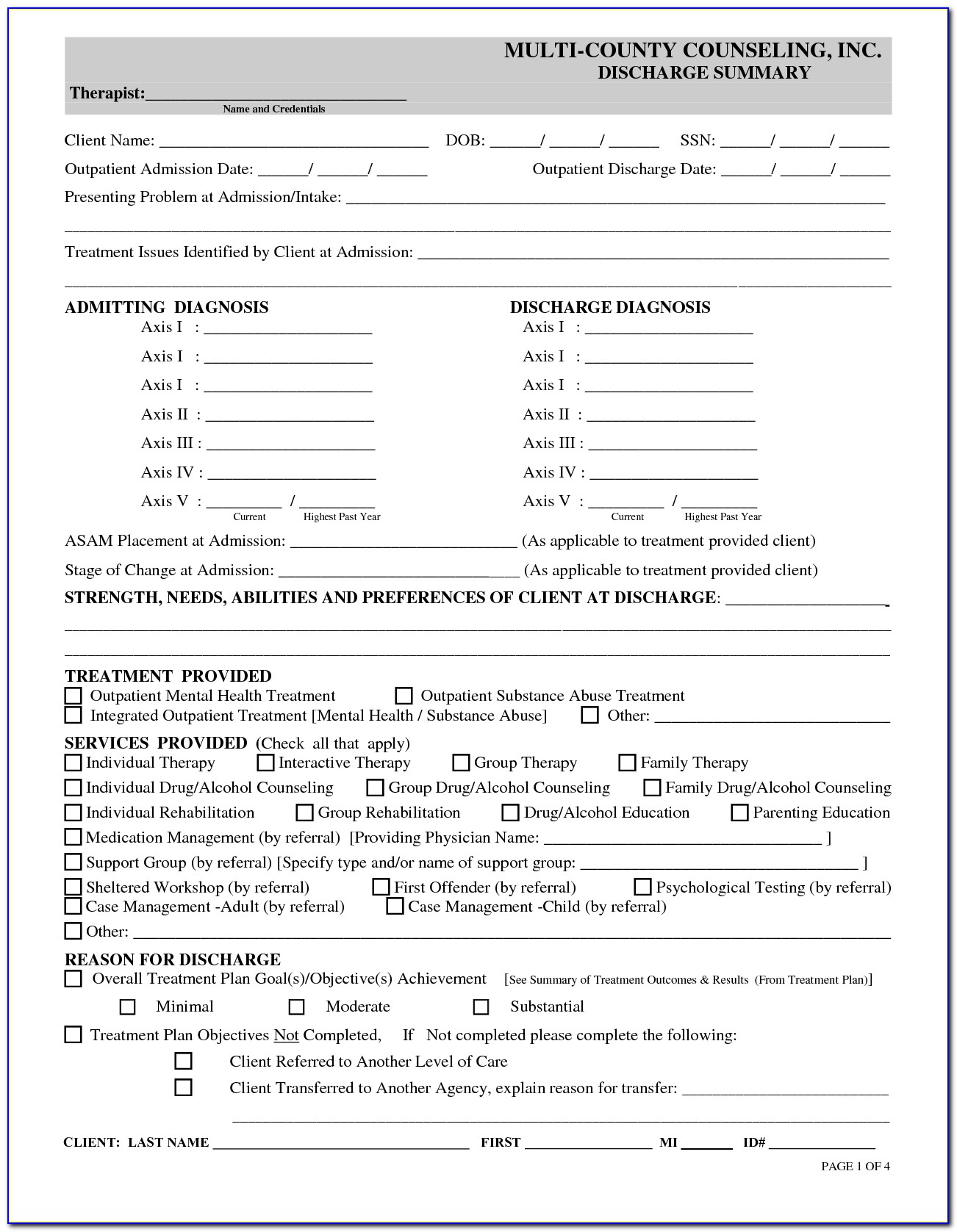 Outpatient Mental Health Discharge Summary Template