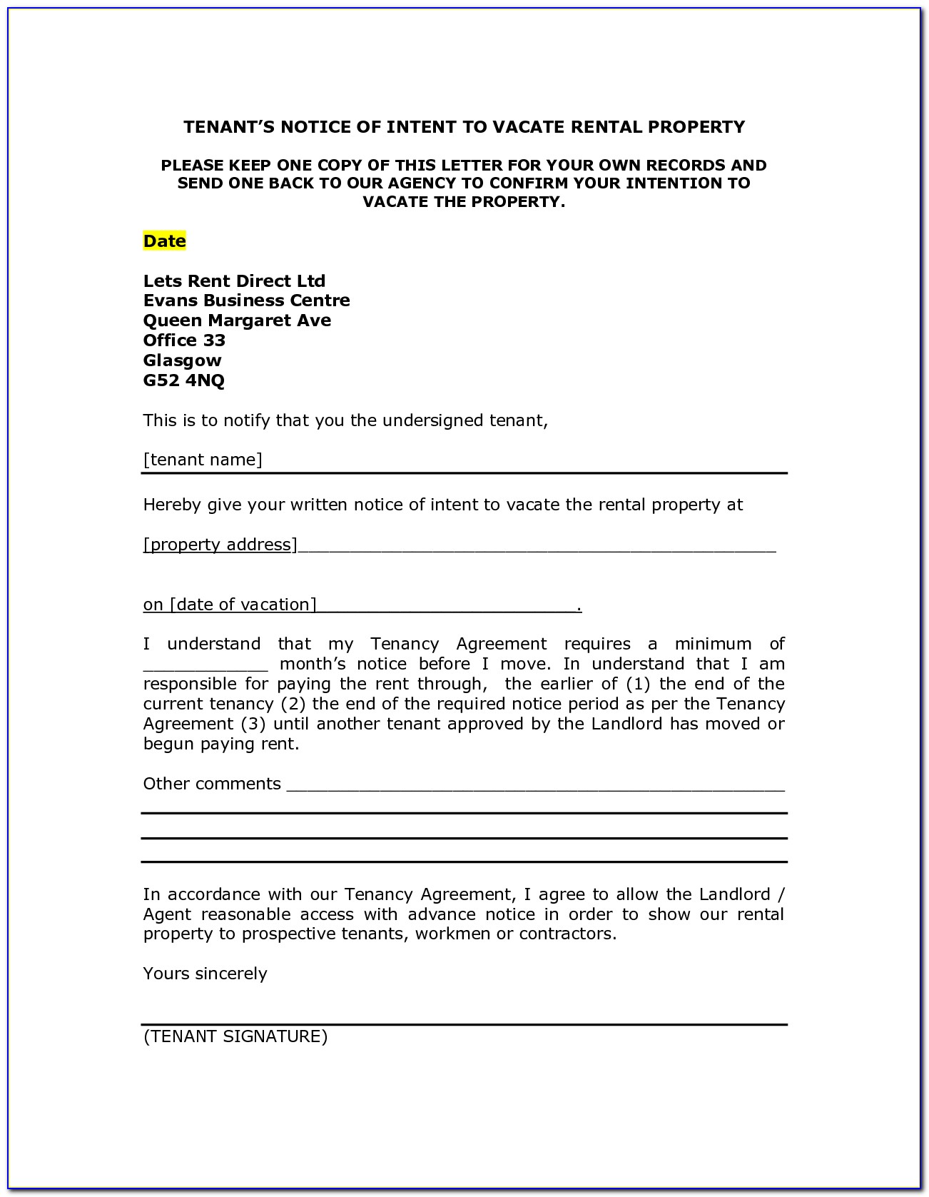 Sample Letter Notice To Vacate Rental Property