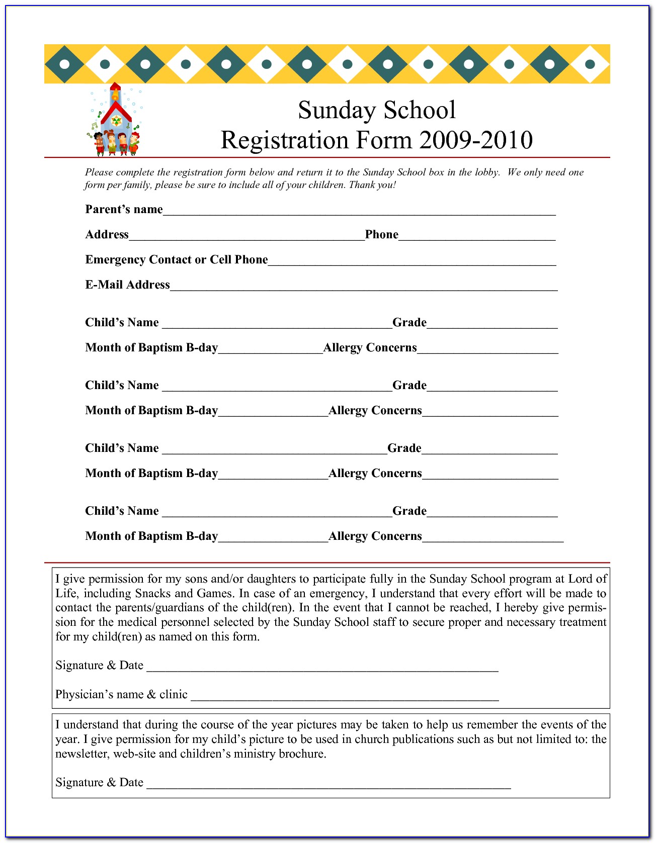 Sunday School Enrollment Form Template