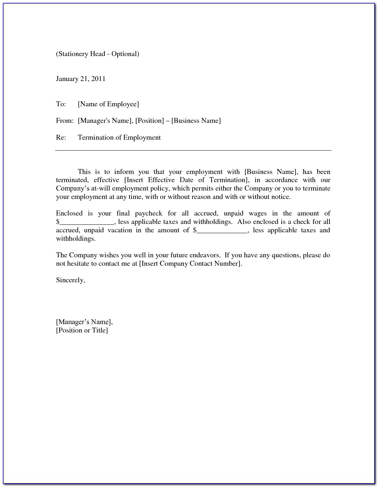 Work Termination Letter Template