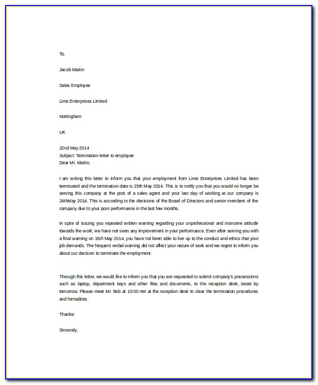 Work Termination Notice Letter