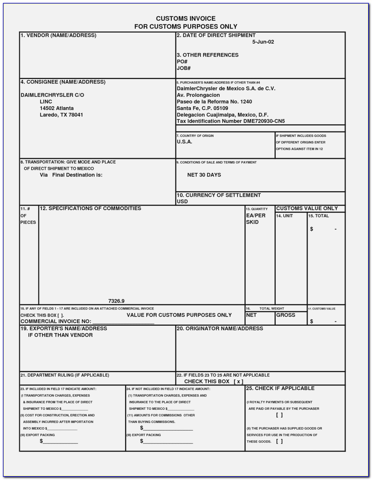 Canada Customs Commercial Invoice Form