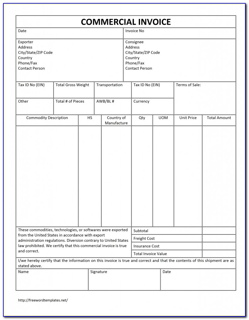 Canada Customs Commercial Invoice Template
