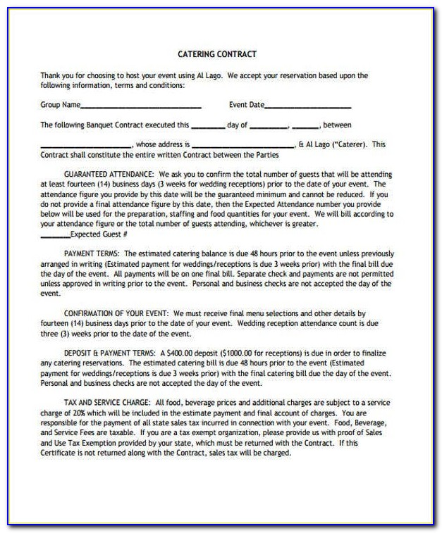 Catering Contract Terms And Conditions Template