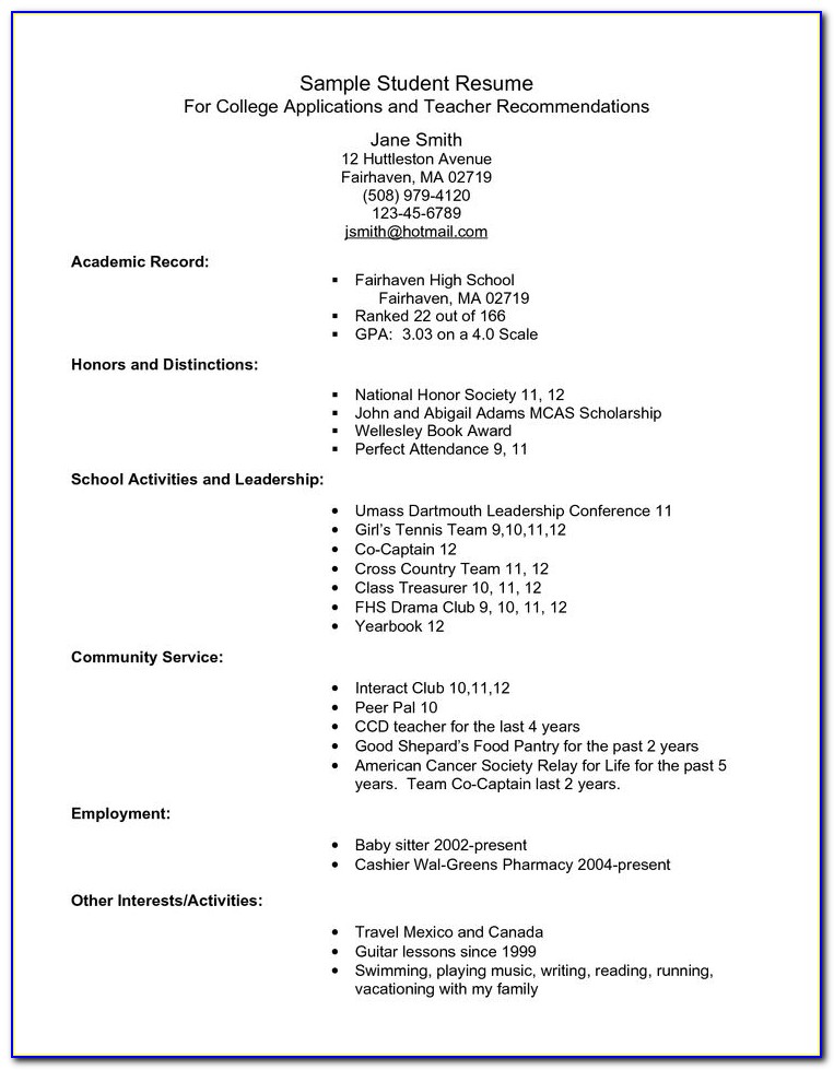 College Application Resume Sample For High School