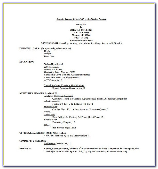 College Application Resume Template Free