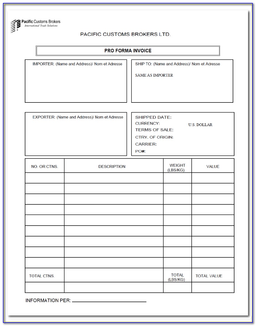 Commercial Invoice For Customs Clearance Template