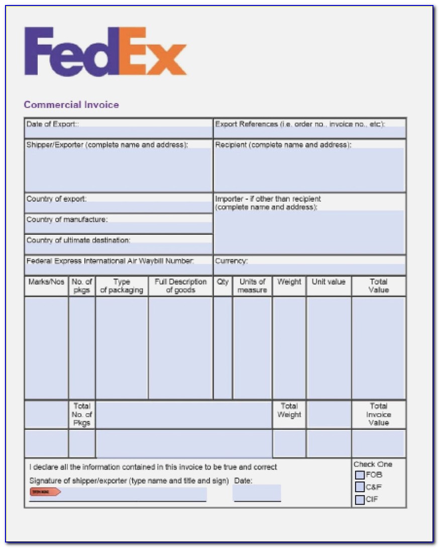 Commercial Invoice Form Printable Template