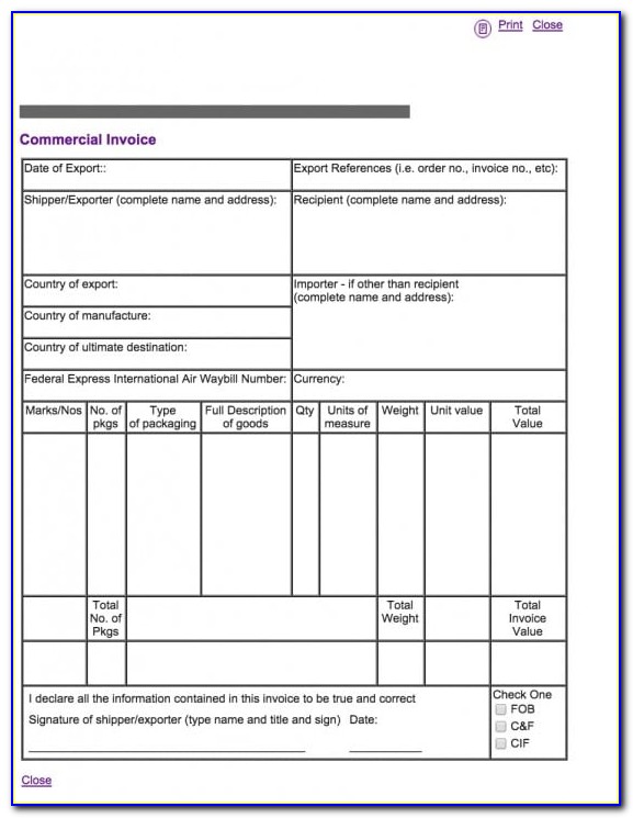 Commercial Invoice Printable Template