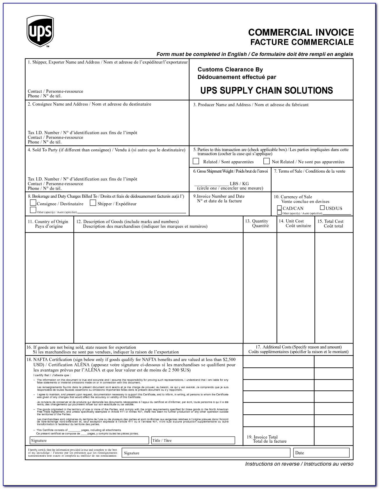 Commercial Invoice Template Canada Customs