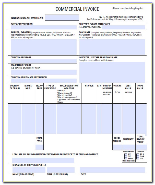 Commercial Invoice Template Canada To Usa