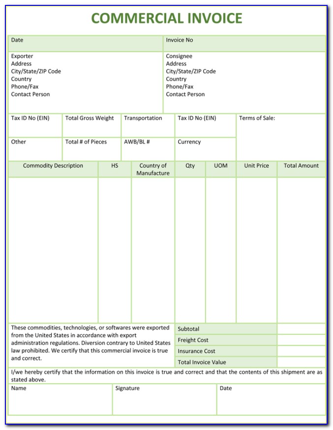 Commercial Invoice Template Canada