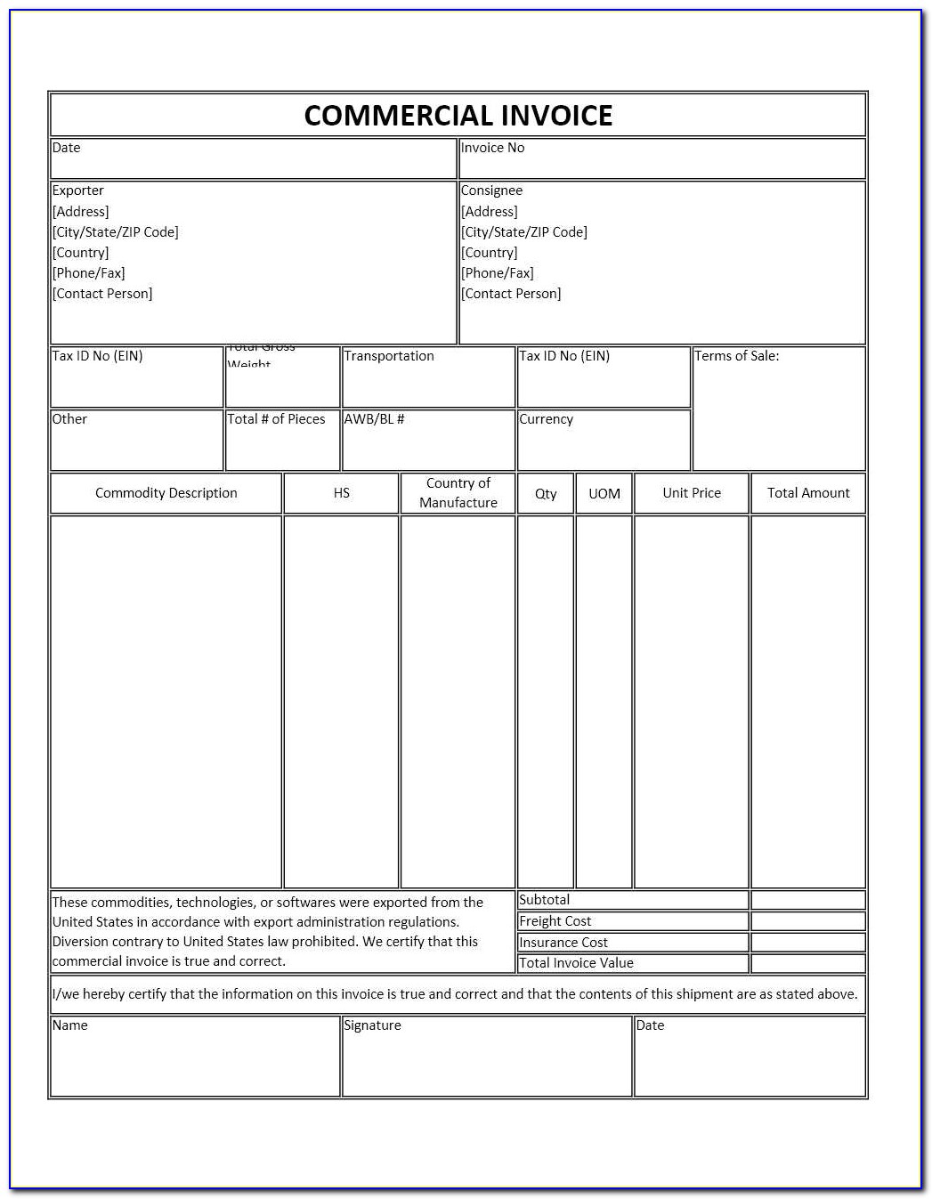 Commercial Invoice Template Excel 2007