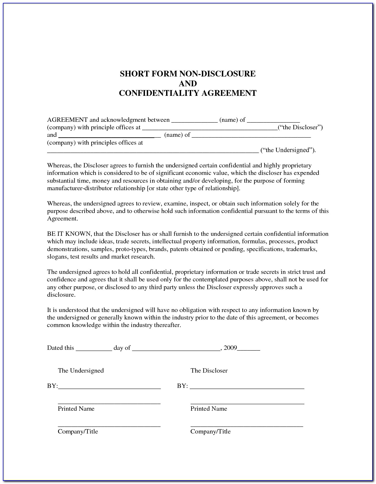 Confidentiality Agreement Forms Free