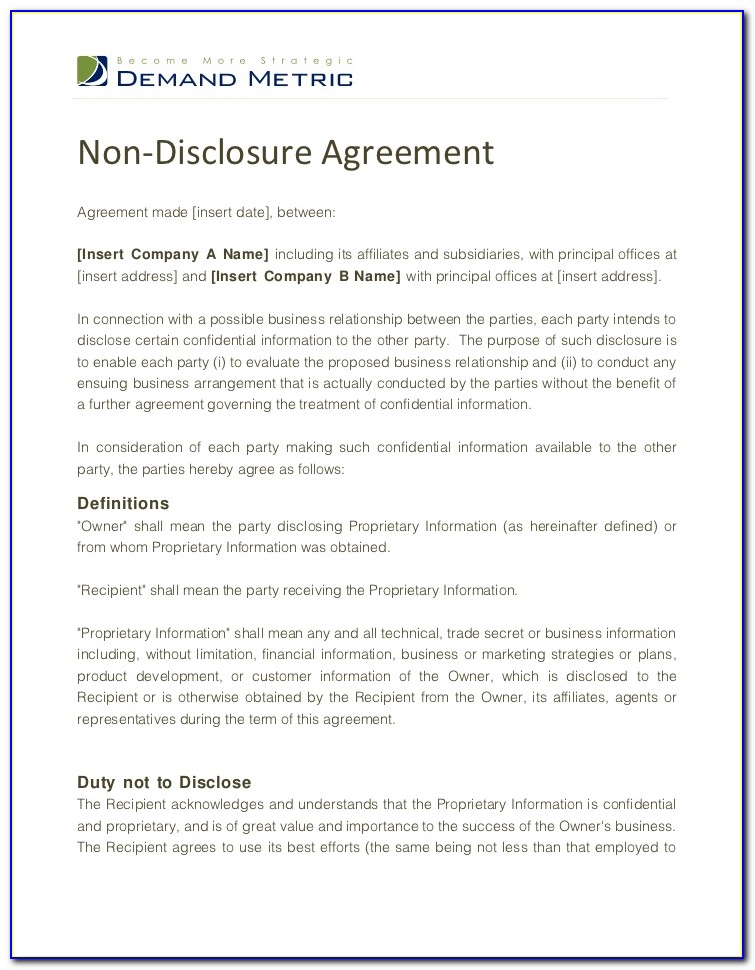 Confidentiality Agreement Nda Sample