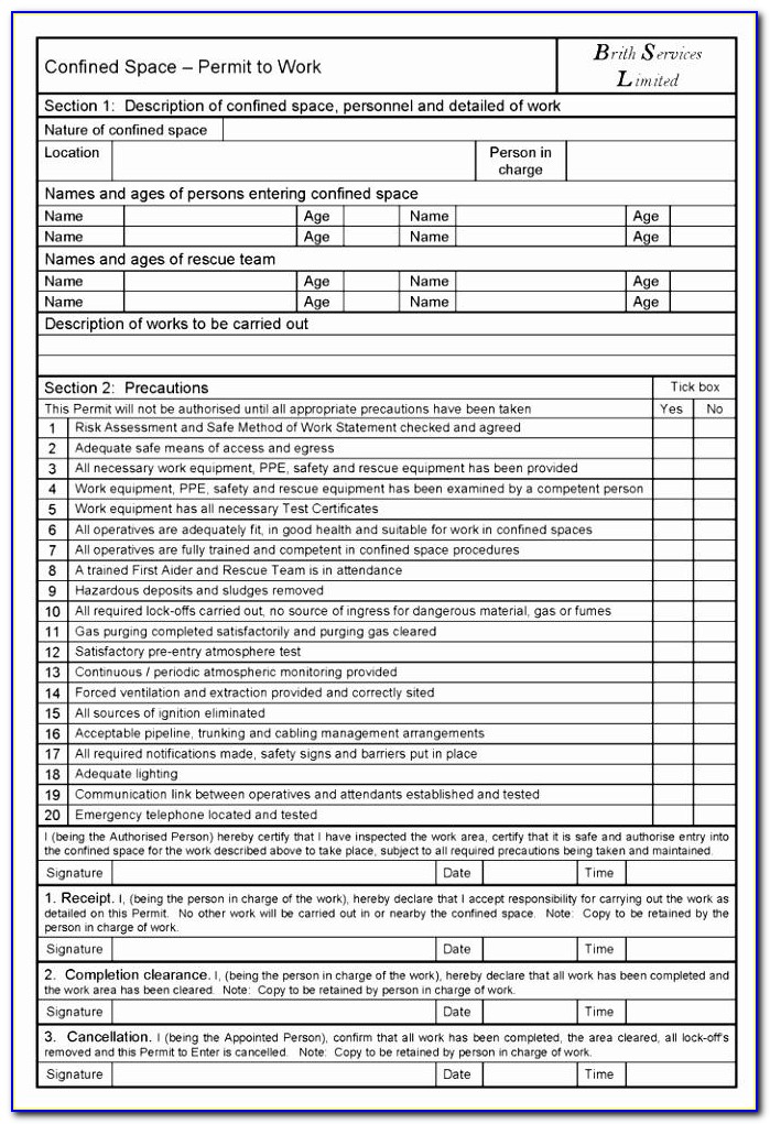 Confined Space Entry Permit Template Bc