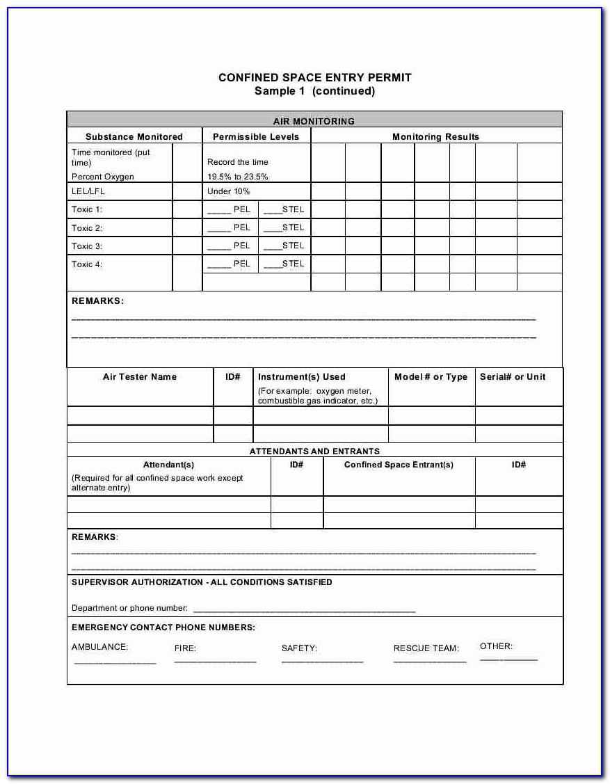 Confined Space Entry Permit Template Qld