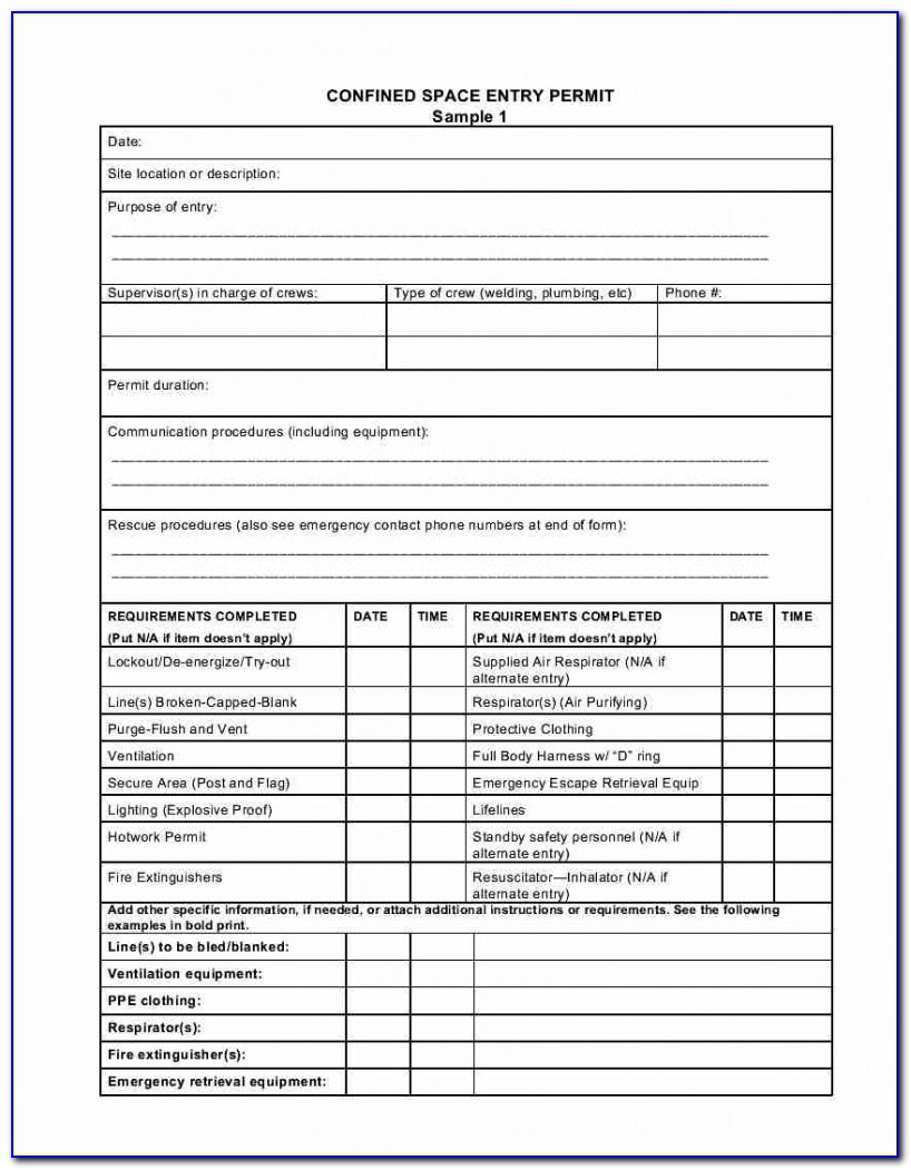 Confined Space Entry Permit Template Uk