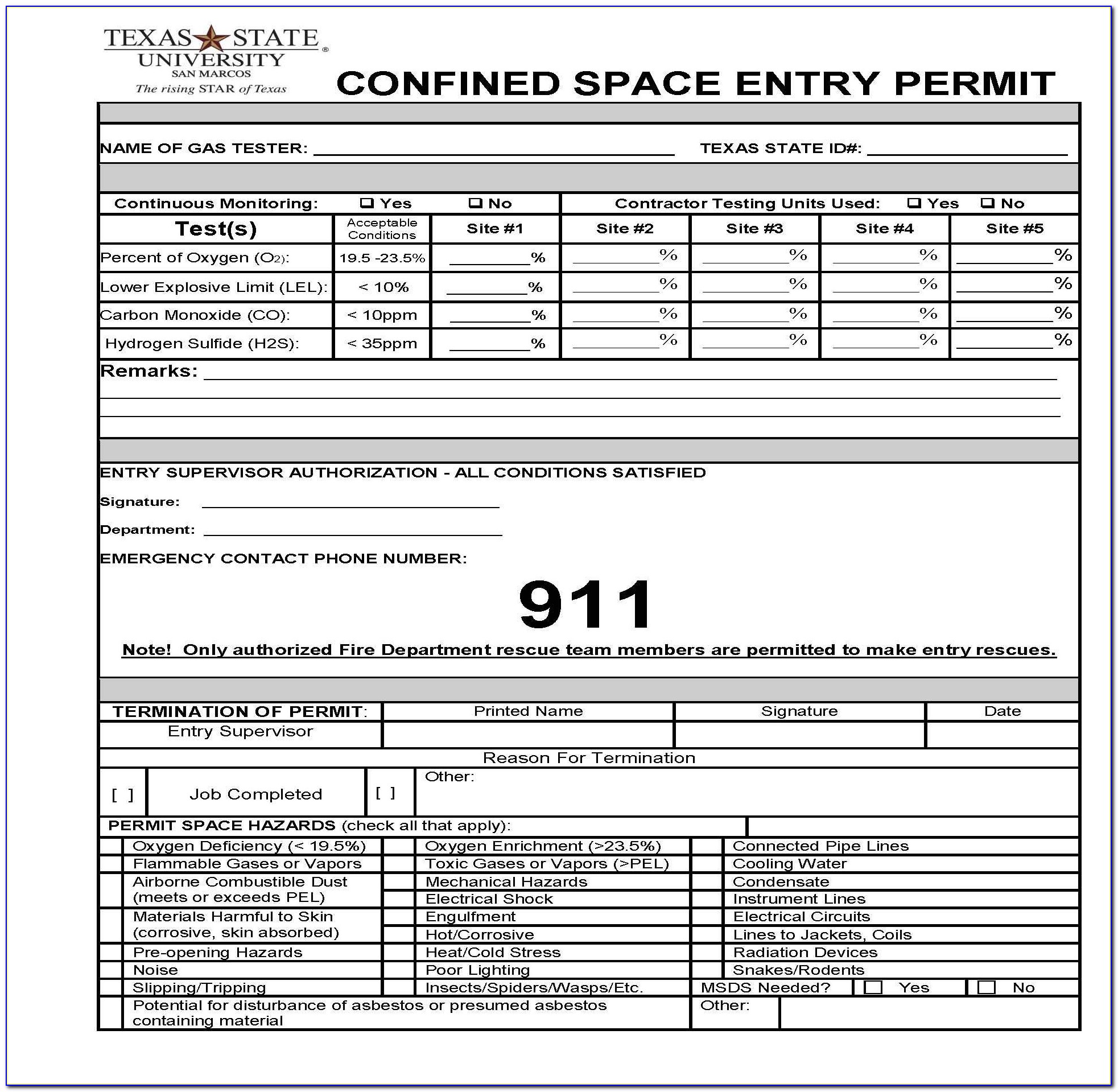 Confined Space Work Permit Template