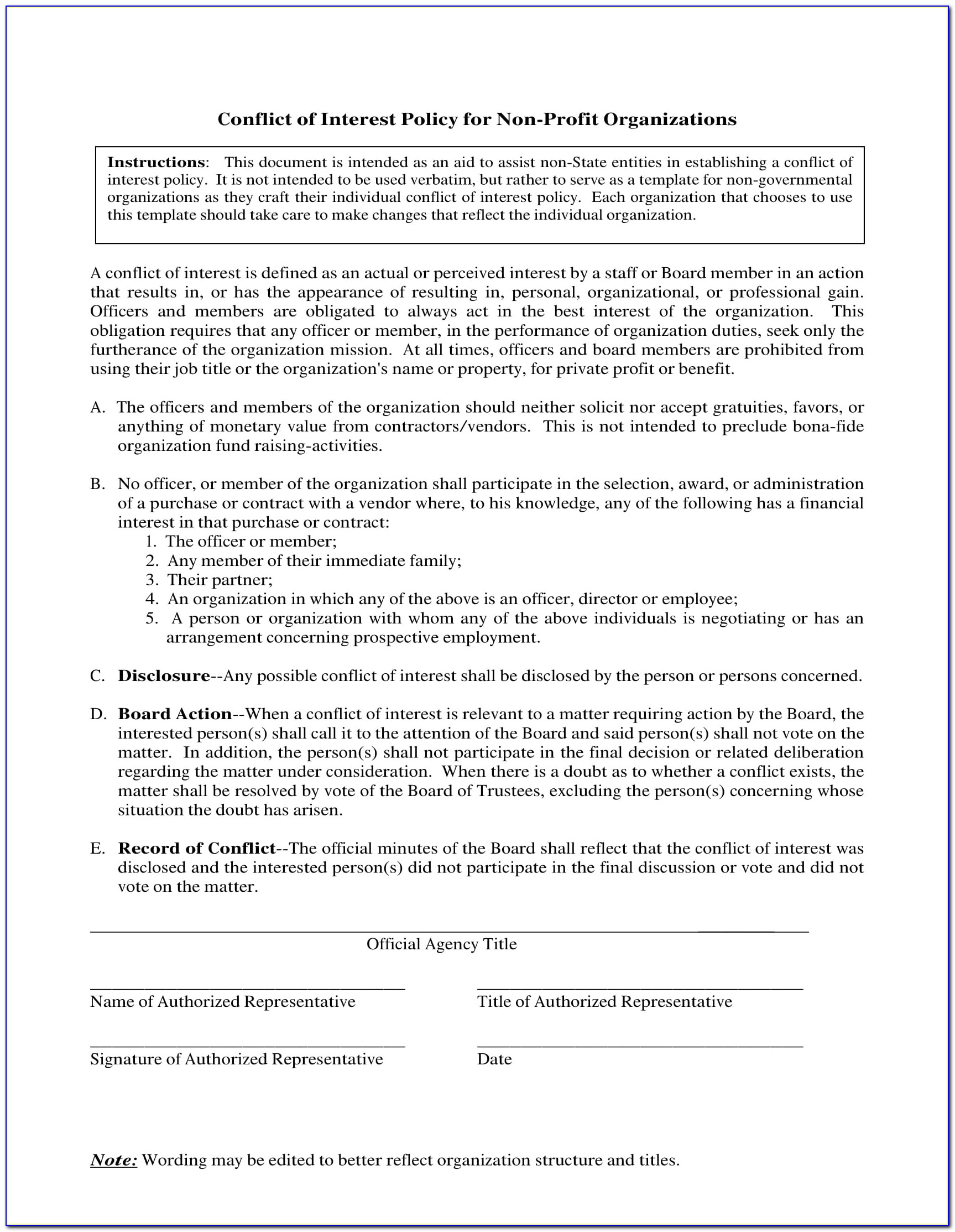 Conflict Of Interest Policy Template Nonprofit