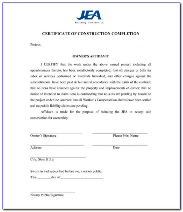 Construction Certificate Of Completion Template Word