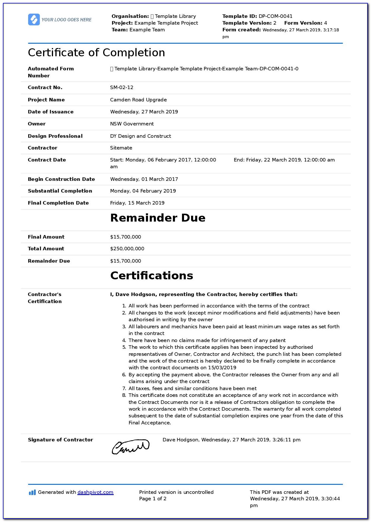 Construction Certificate Of Completion Template