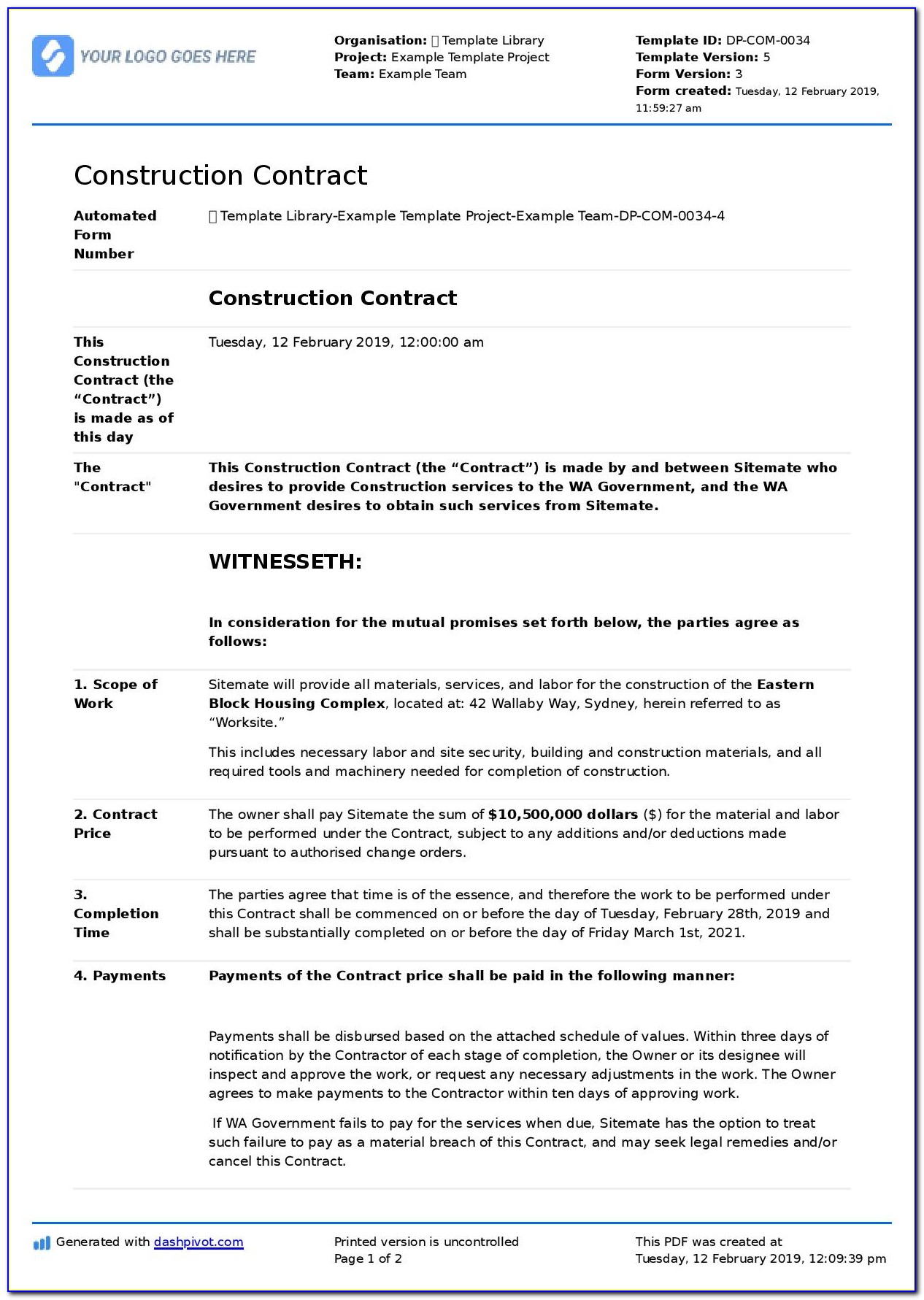 Construction Contract Agreement Template Free