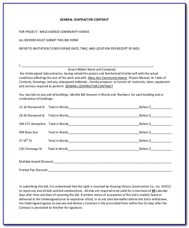Construction Contractor Agreement Sample