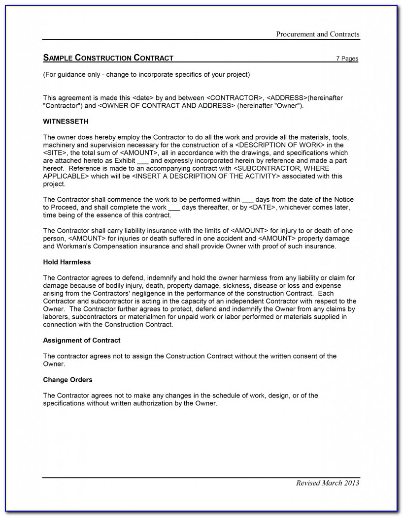 Construction Contractor Agreement Template Canada